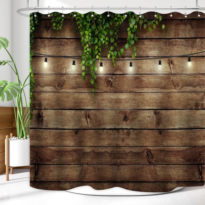 ZXMBF Rustic Wooden Board Shower Curtain Green Leaves on Vintage Wood Country Life Theme Grunge Planks Barn House Door Waterproof Fabric Bathroom Decor 72x72 Inch Plastic Hooks 12PCS Wood Board - Image 4